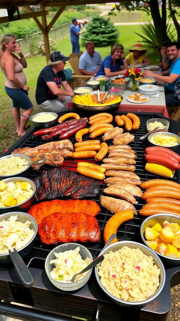 A lively barbecue scene featuring grilled meats, colorful sides, and people enjoying food outdoors.
